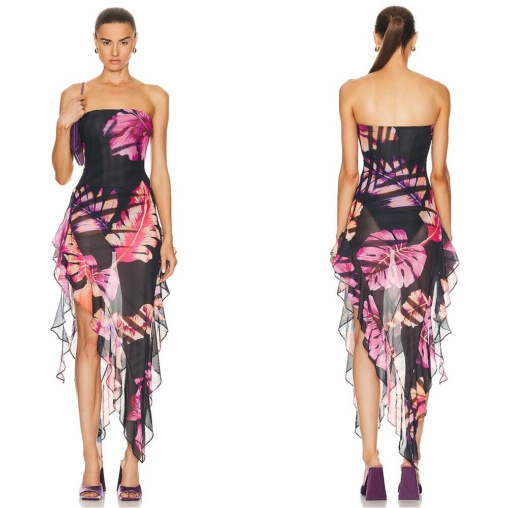 RETROFETE Atlas Strapless Ruched Ruffle Asymmetric Floral Maxi Dress Size XXL